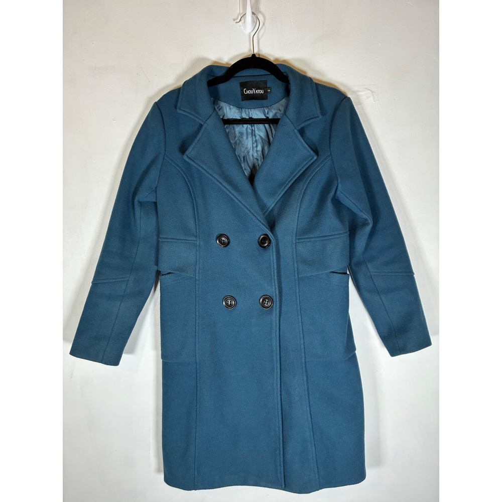 Chouyatou Women's Small Teal Blue Wool Blend Double Breasted Long Coat